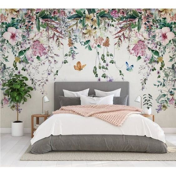 Floral pattern wallpaper for eclectic bedroom design