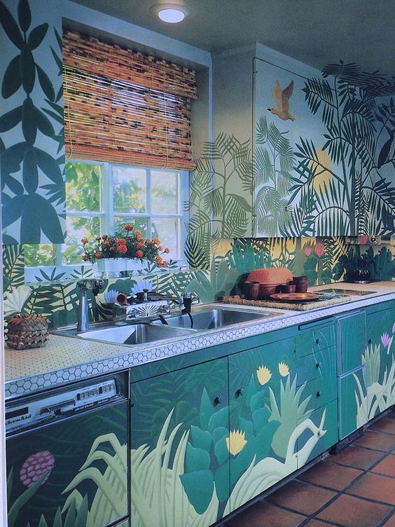 Eclectic kitchen design with wallpaper