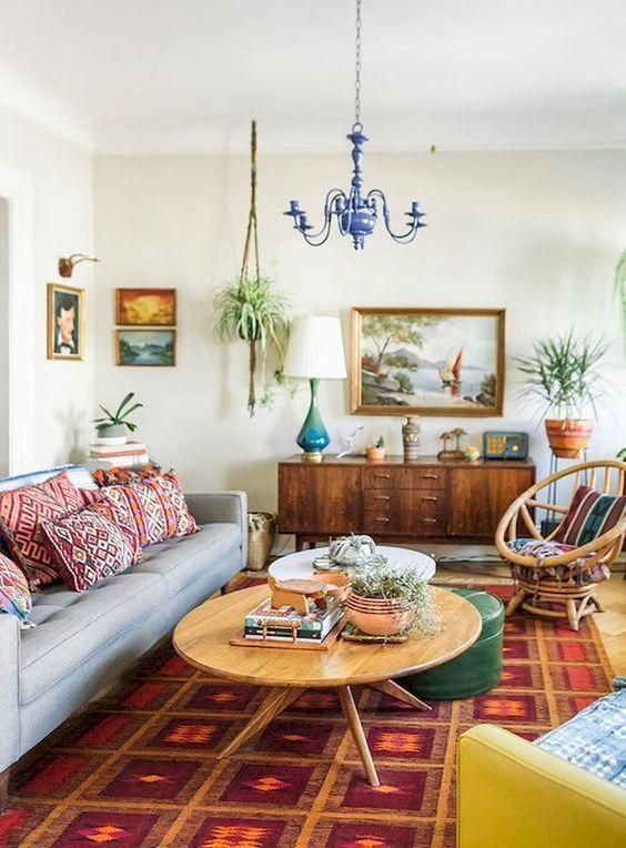 Wooden furniture in an eclectic room