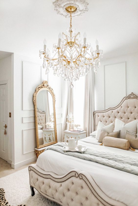 Vintage bed frame in modern Victorian bedroom