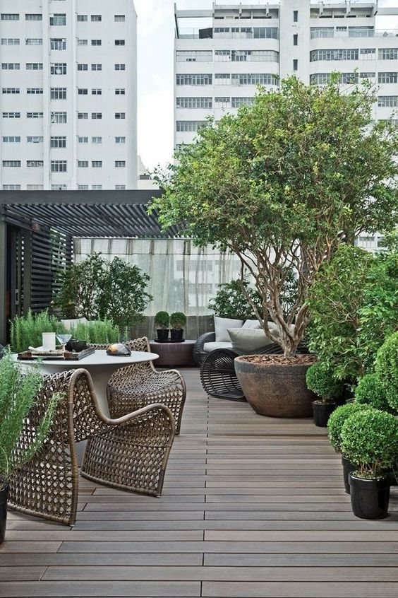 Eclectic roof terrace with plant decorations