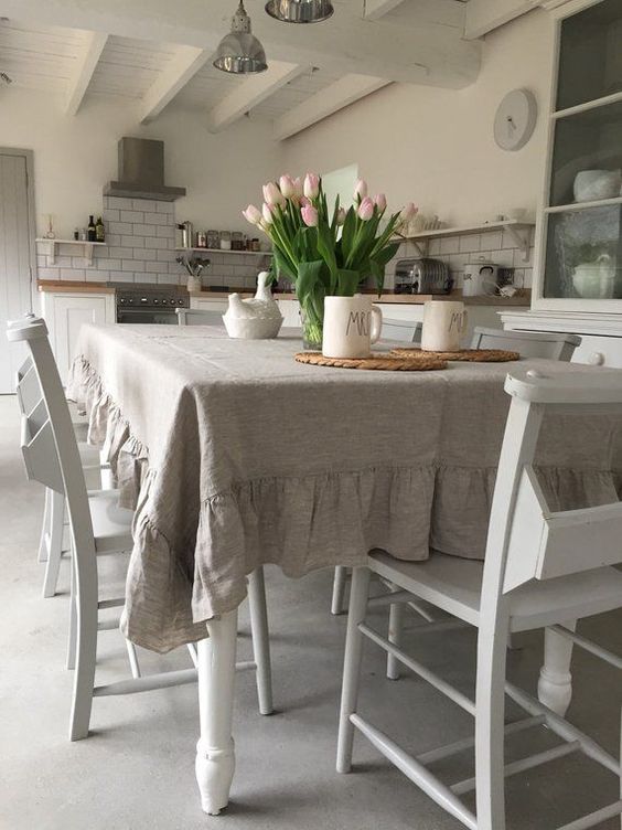 Light brown lacey shabby chic tablecloth