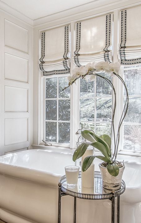 Light grey and white modern Victorian window bathroom curtains