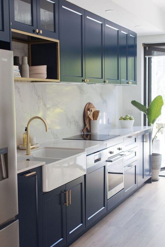 Modern Victorian dark blue kitchen cabinets