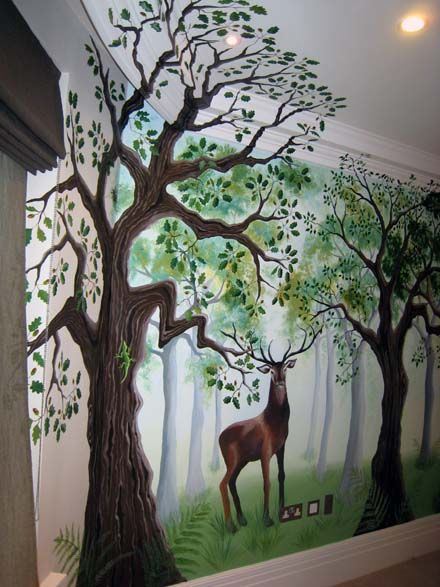 Magical fairy forest trees and deer