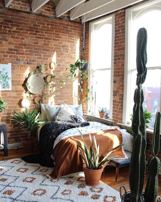 Brick walls in the minimalist rustic bedroom