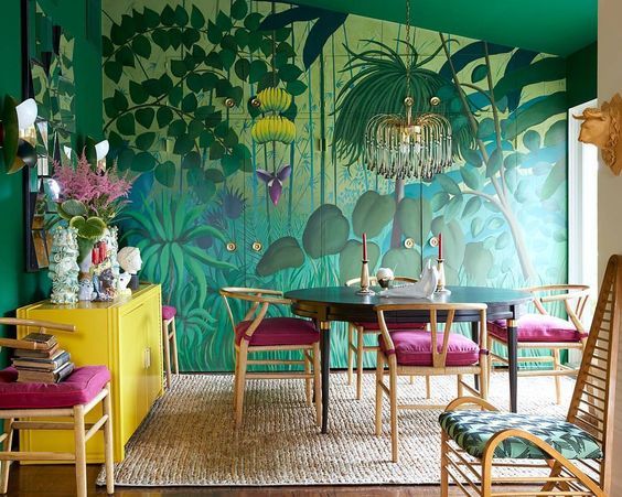 Tropical green wallpaper dining room