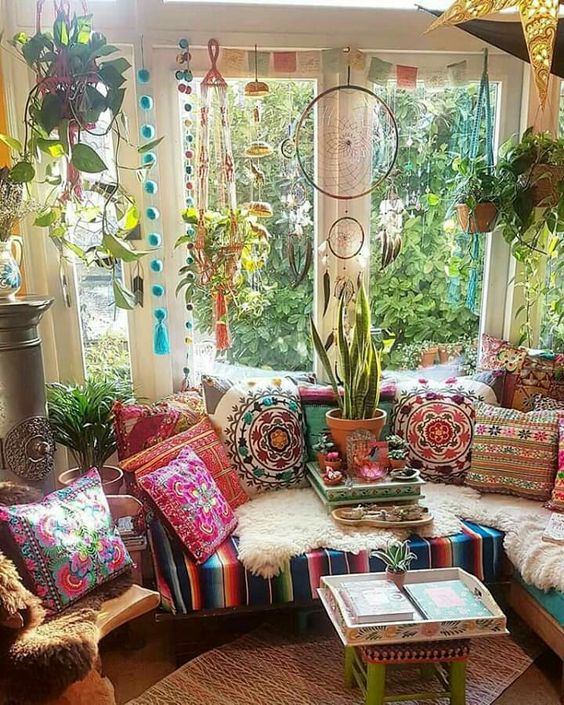 Green fresh bohemian sunroom