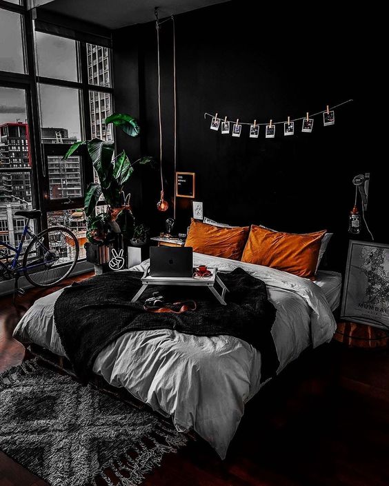 Dark bohemian bedroom apartment concept