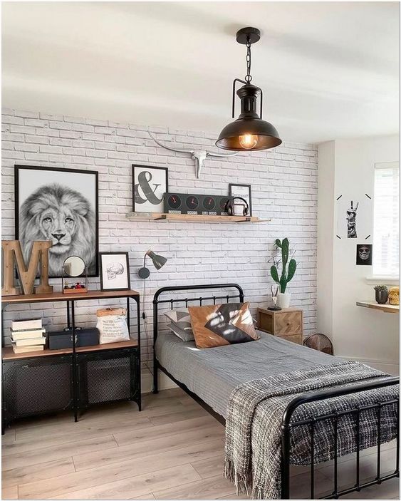 Small bed in the industrial bedroom for teenagers