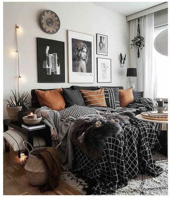 Monochrome bohemian bedroom concept