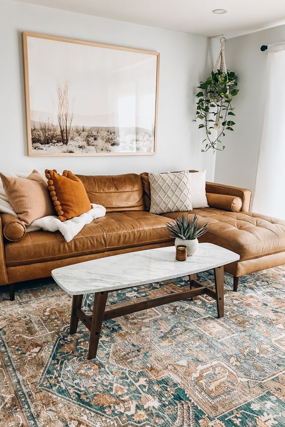 Brown sofa in the bohemian room