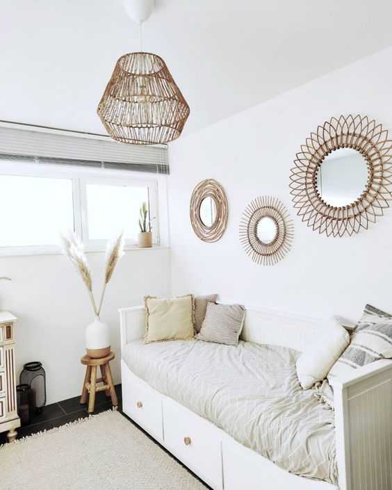 White modern bohemian bedroom wall