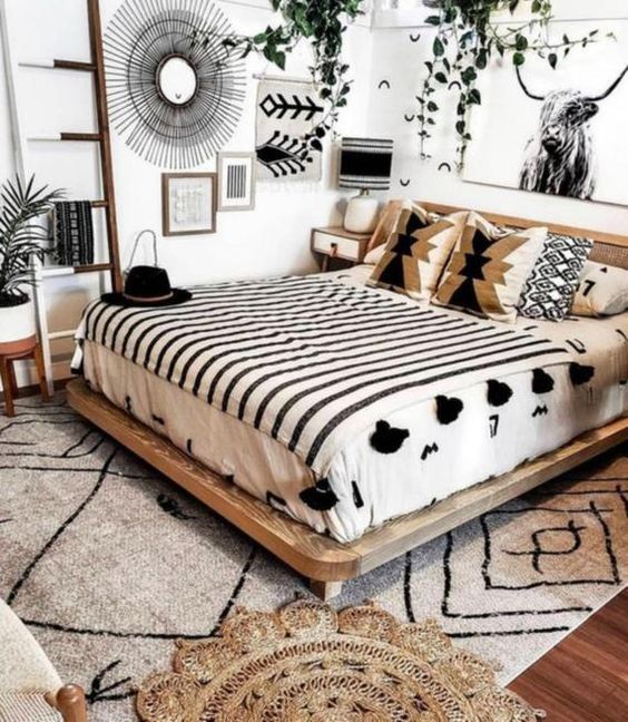 Industrial chic bedroom with unique patterns