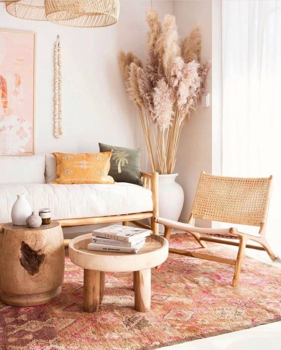 beige cozy bohemian living room concept