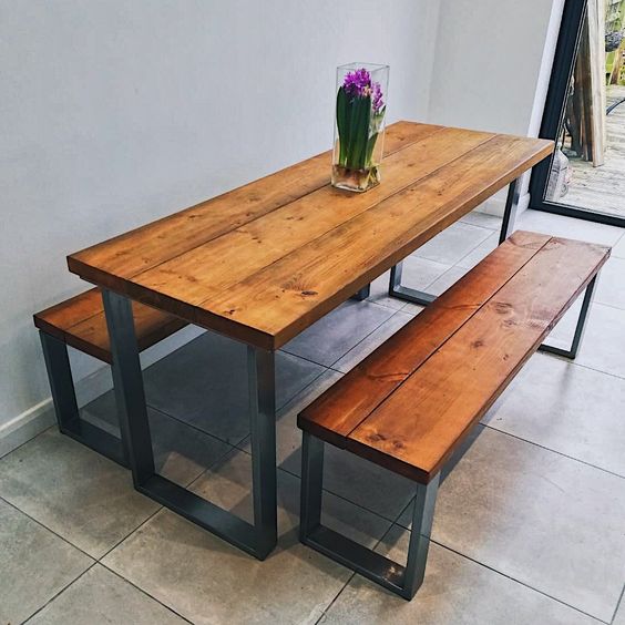 A rectangular wooden dining table