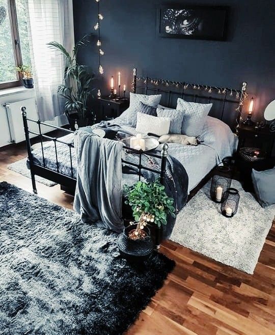 Dark blue bohemian bedroom concept